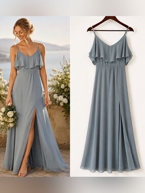 Birdy Grey Sage Blue Ruffle Maxi Dress XS Bridesmaid Formal Romantic